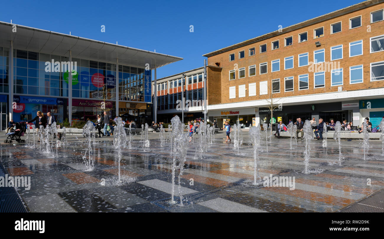 New water fountains in Queens Square at Crawley, West Sussex, England, UK Stock Photo