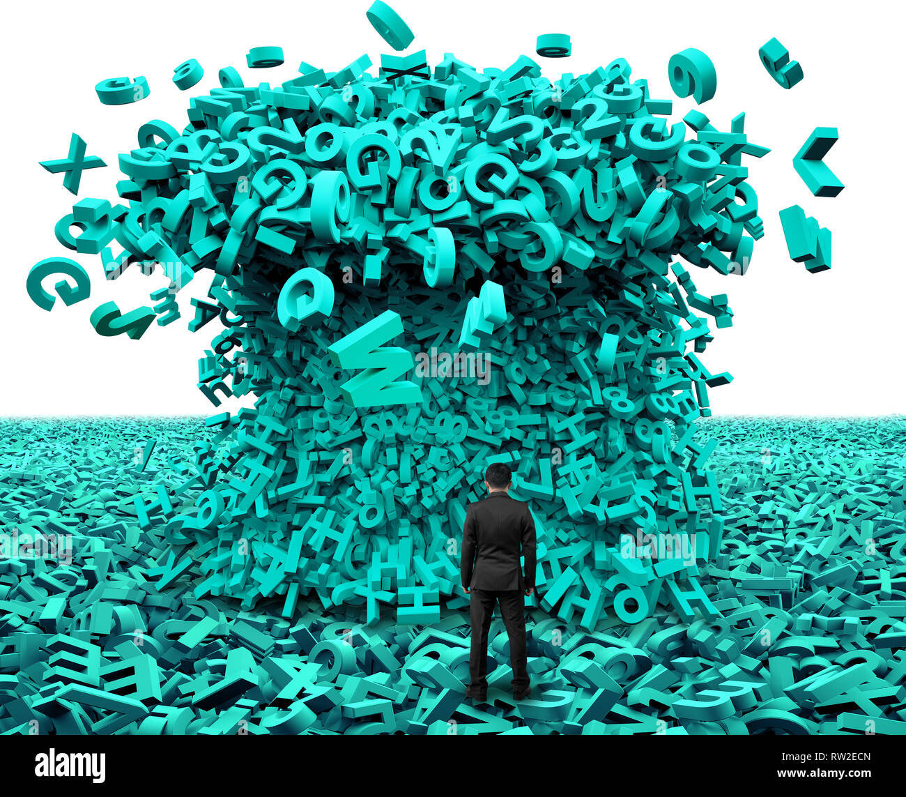 Big data concept. Businessman facing a tsunami wave of computer data