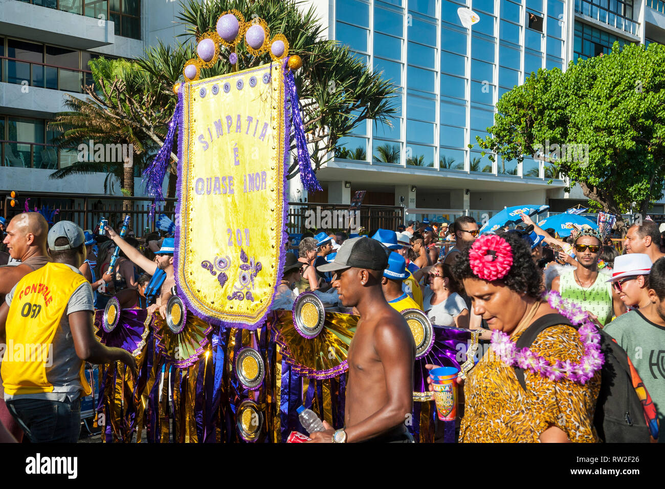 RIO DE JANEIRO - FEBRUARY 18, 2017: Brazilian carnivalgoers crowd the start of the Simpatia é Quase Amor (Sympathy is Almost Love) Carnival party. Stock Photo