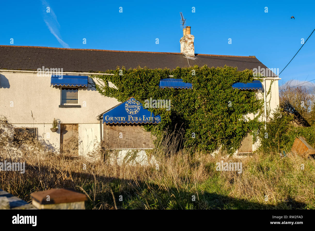 ABANDONED DERELICT PUBLIC HOUSE IN GLOUCESTERSHIRE ENGLAND UK OVERGROWN WITH IVY. Stock Photo