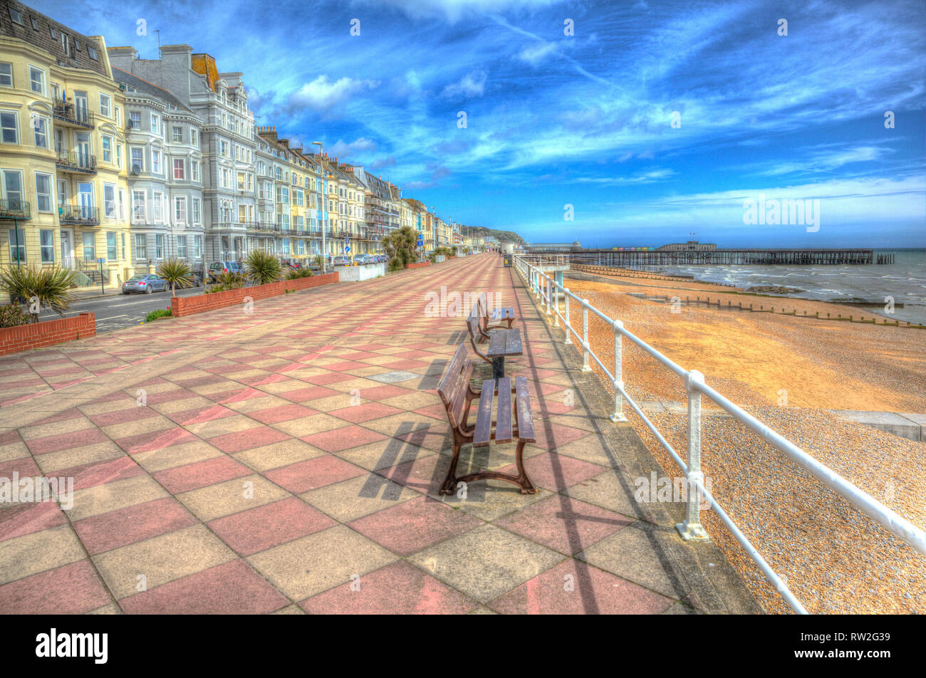 Hastings promenade and seafront with hotels and buildings East Sussex