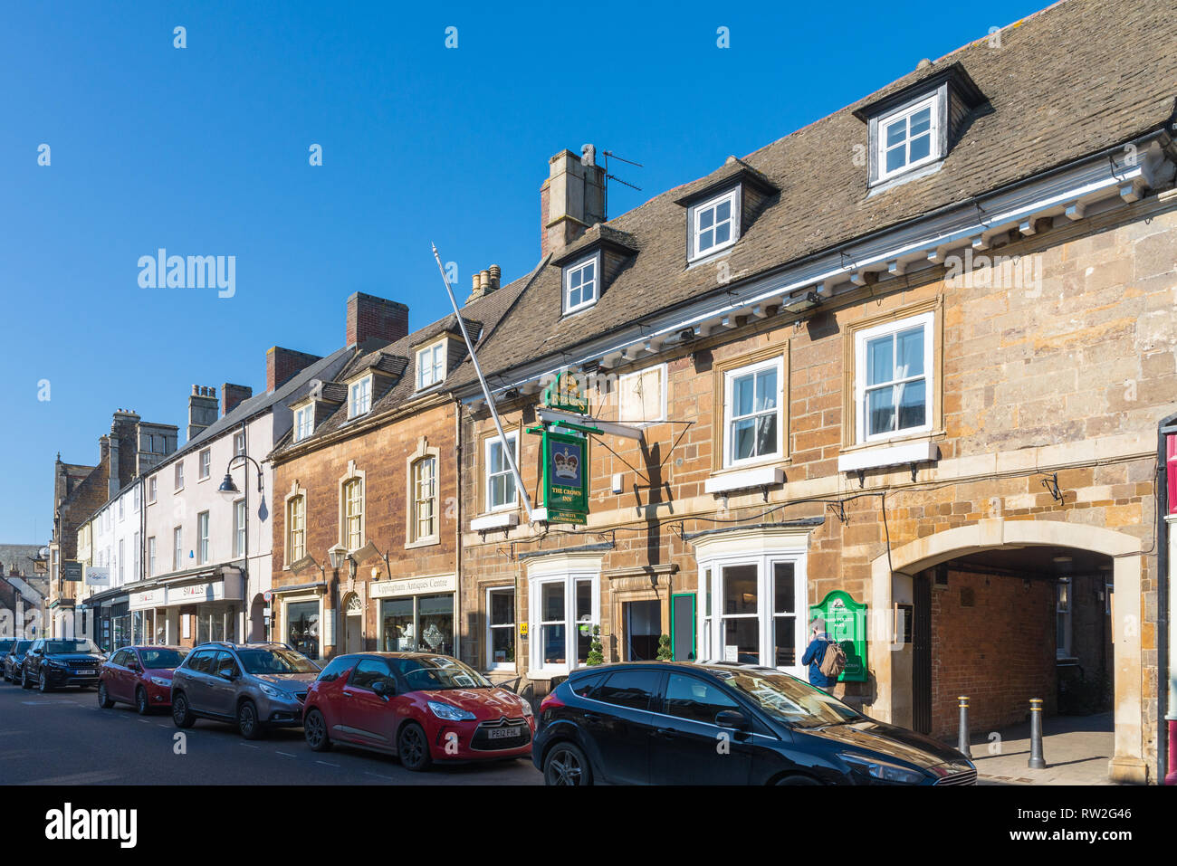 Shops and cafes in High Street East in Uppingham, market town in