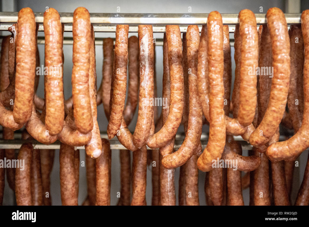 Links of cooked sausage hung over rack, Radom, Masovian Voivodeship, Poland Stock Photo