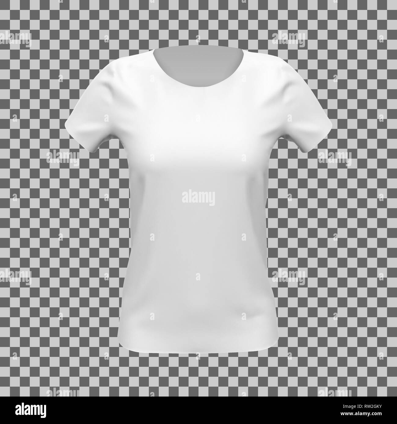 Blank mockup of white basic women t-shirt, front view, on checkered background. Vector illustration Stock Vector
