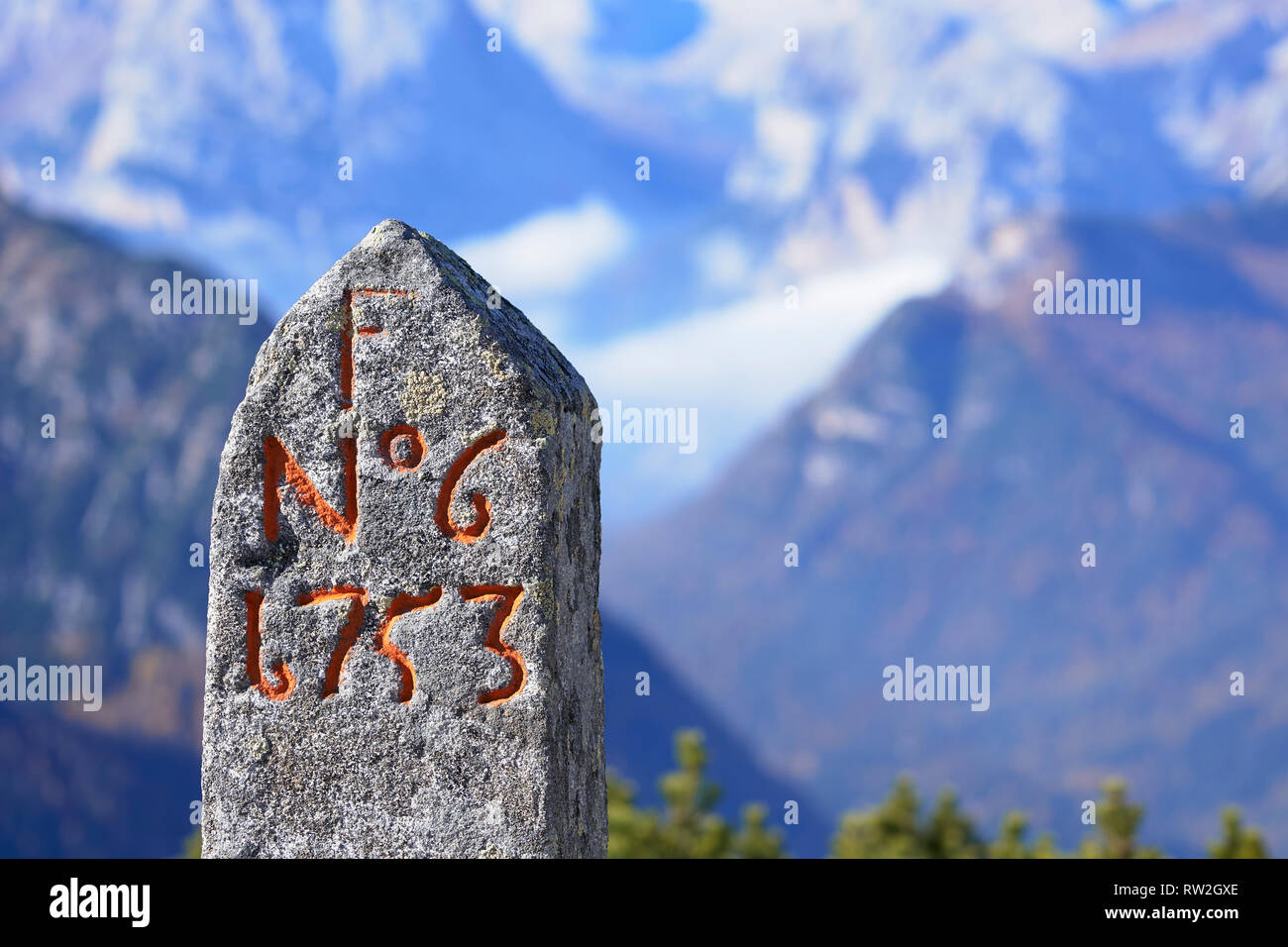 Venetian border stone on Monte Piana, Dolomites, Misurina, Veneto, Italy Stock Photo