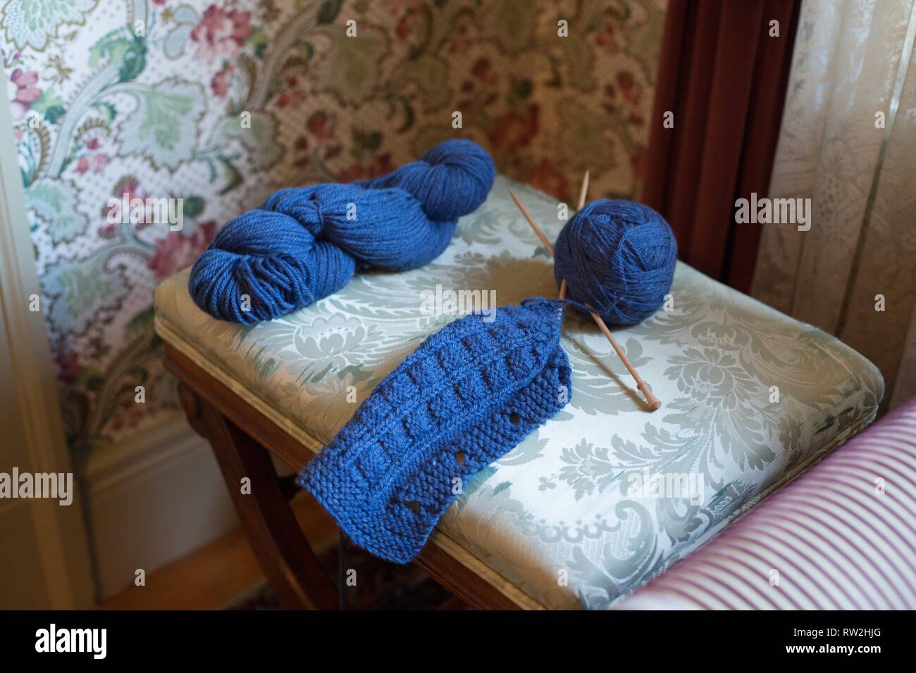 A blue ball of knitted yarn at Pittock Mansion in Portland, Oregon, USA