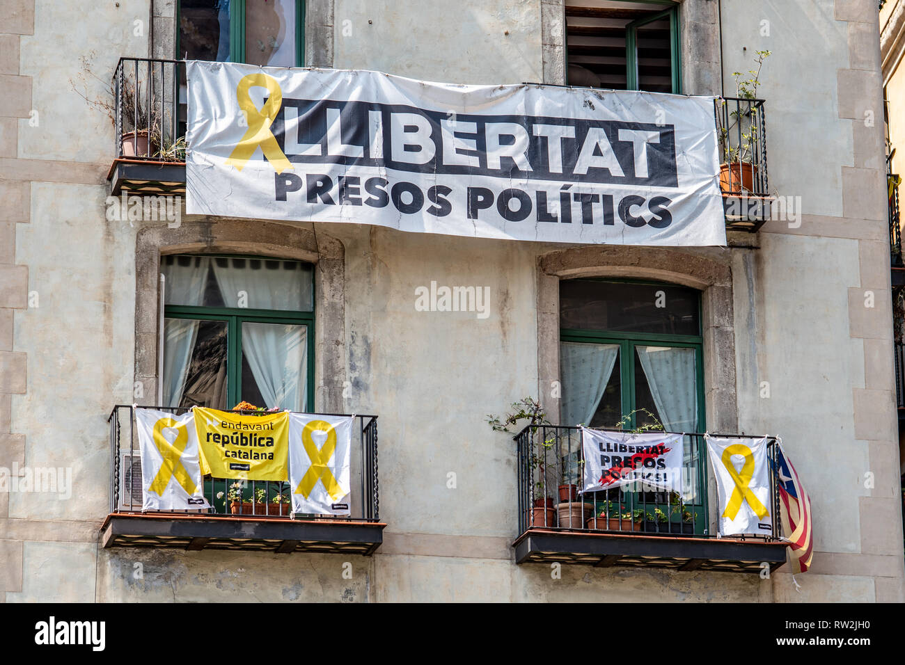 Flags and banners in support of freeing political prisoners in Barcelona ,Spain Stock Photo