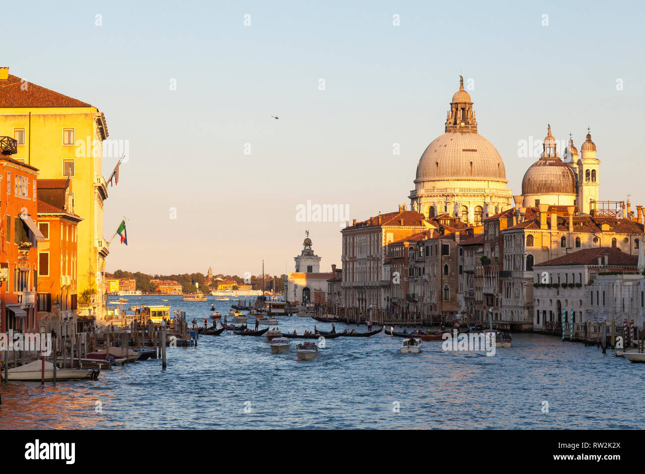 Sunset on the Grand Canal and Basilica di Santa Maria della Salute, Venice,  Veneto, Italy with multiple gondolas  on the canal and warm golden light Stock Photo