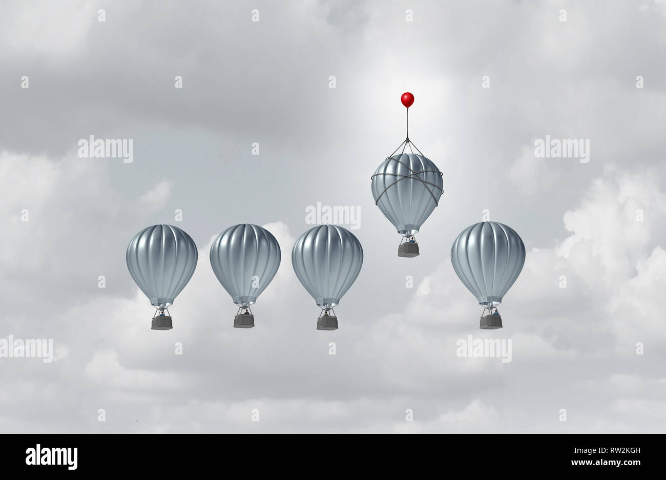 Business competitive advantage success and corporate edge concept as a group of hot air balloons racing to the top but an individual leader. Stock Photo