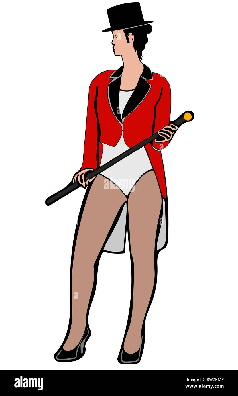 Colour illustration of caucasian female circus ringmaster front-on and Standing, wearing red tail coat, white leotard, black tophat holding a cane in  Stock Photo