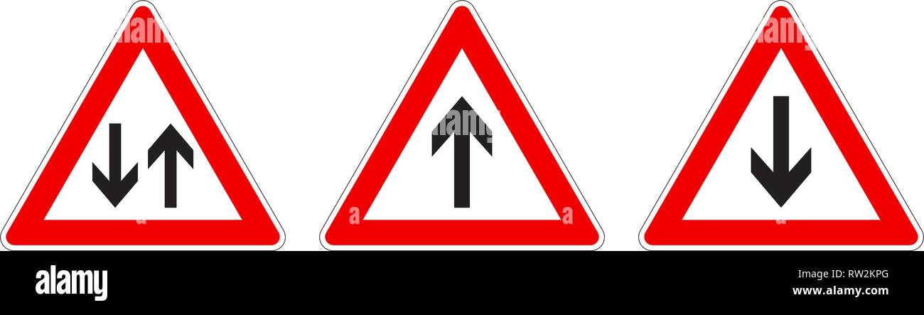 Warning - single/two way traffic sign. Black arrow in red triangle, version with arrow pointing up, down and both ways. Stock Vector