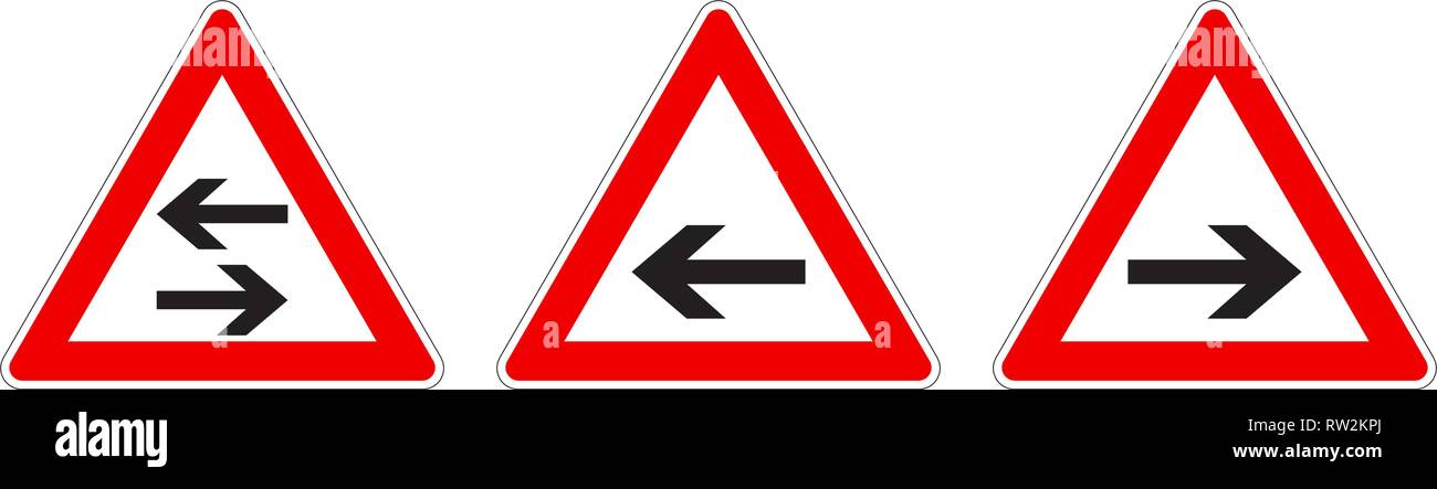 Warning - single/two way traffic sign. Black arrow in red triangle, version with arrow pointing left, right and both ways. Stock Vector