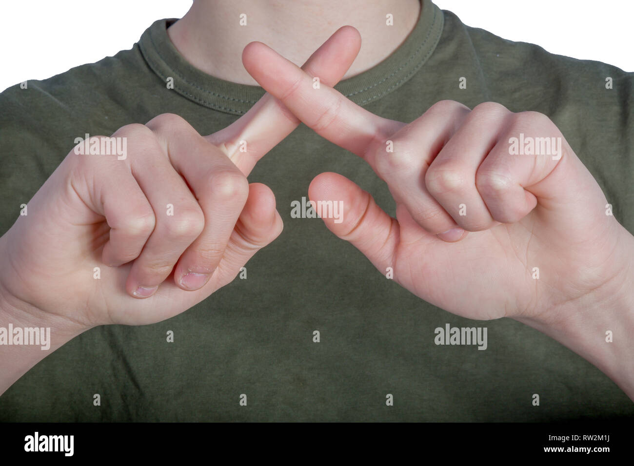Caucasian hand doing British Sign Language showing the symbol for X