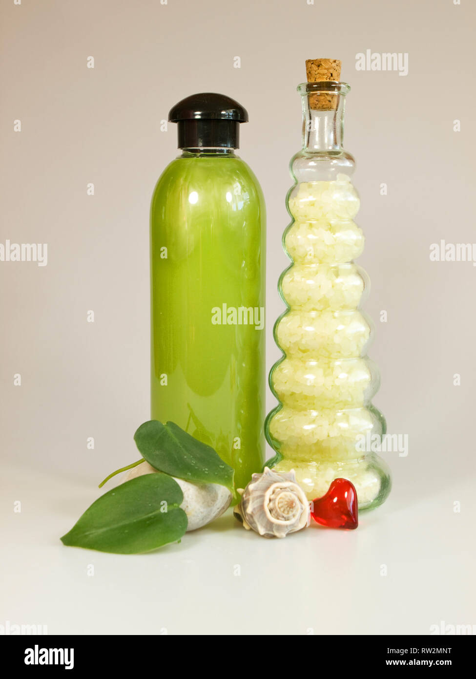 Green shower gel and bath salts Stock Photo