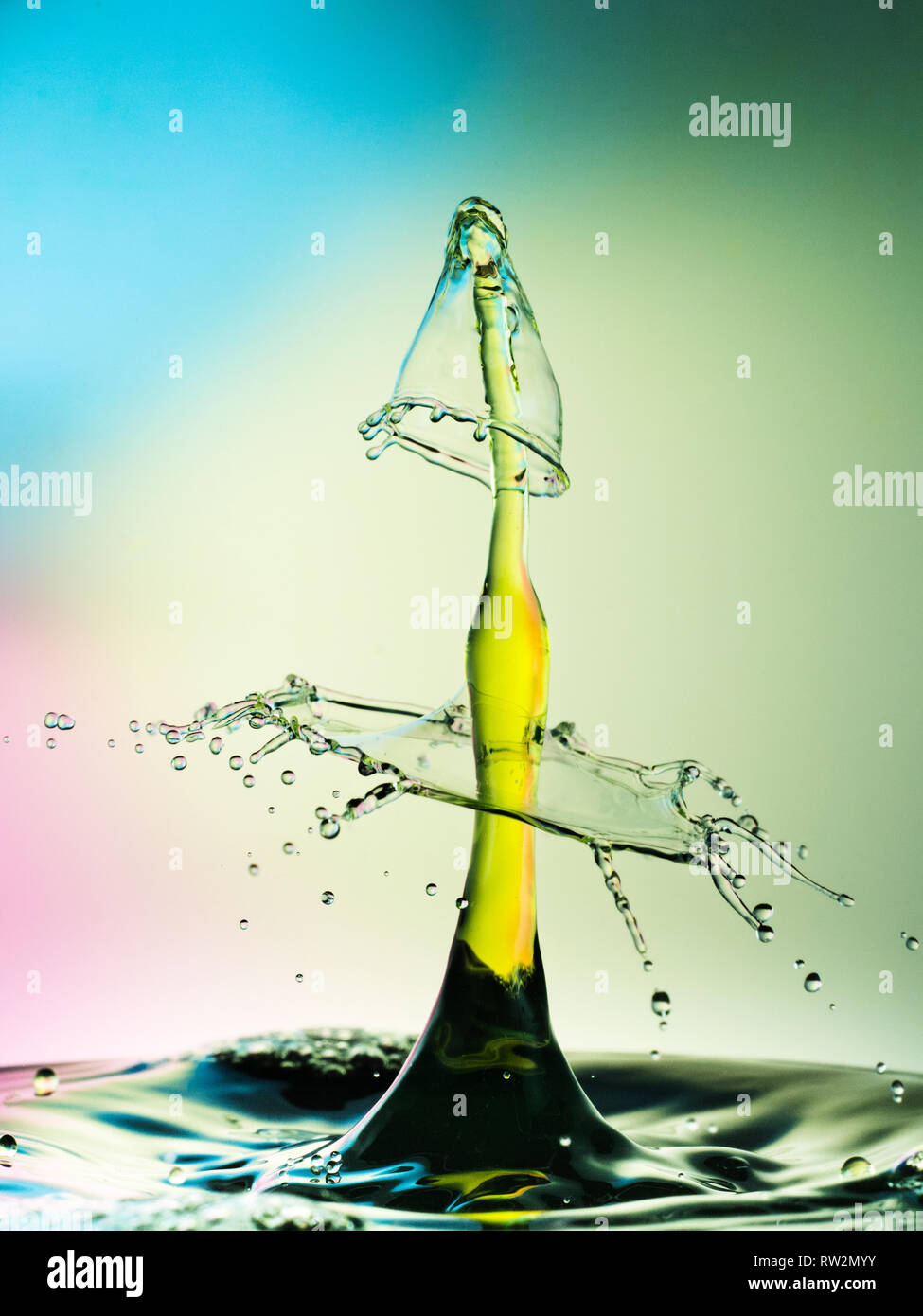Extreme close-up image of splash, drop collision with abstract look Stock Photo