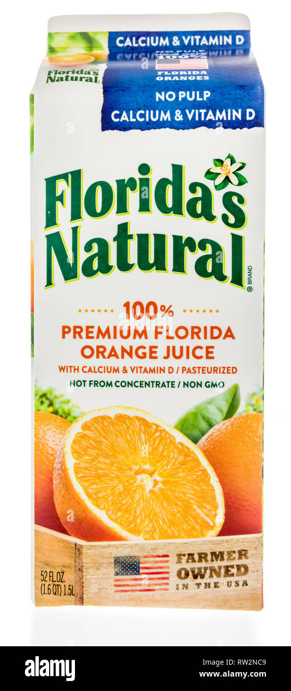 Winneconne, WI - 21 February 2019: A carton of Floridas Natural orange juice with no pulp and calcium and vitamin D on an isolated background Stock Photo