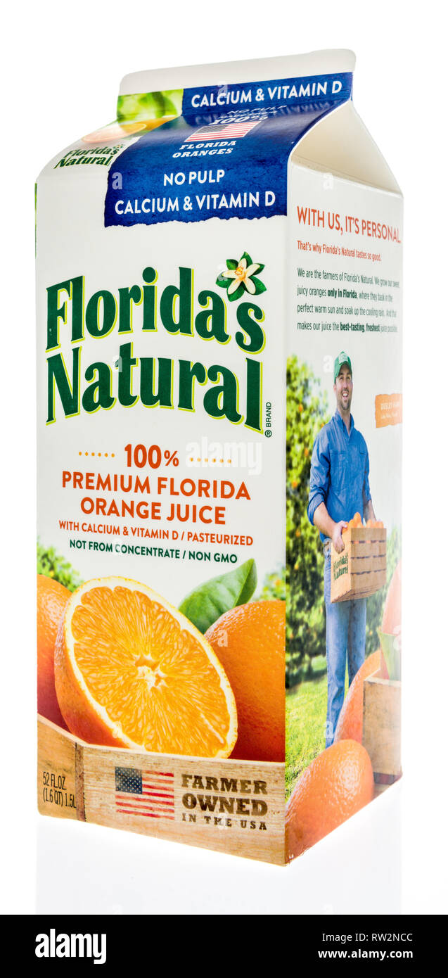 Winneconne, WI - 21 February 2019: A carton of Floridas Natural orange juice with no pulp and calcium and vitamin D on an isolated background Stock Photo