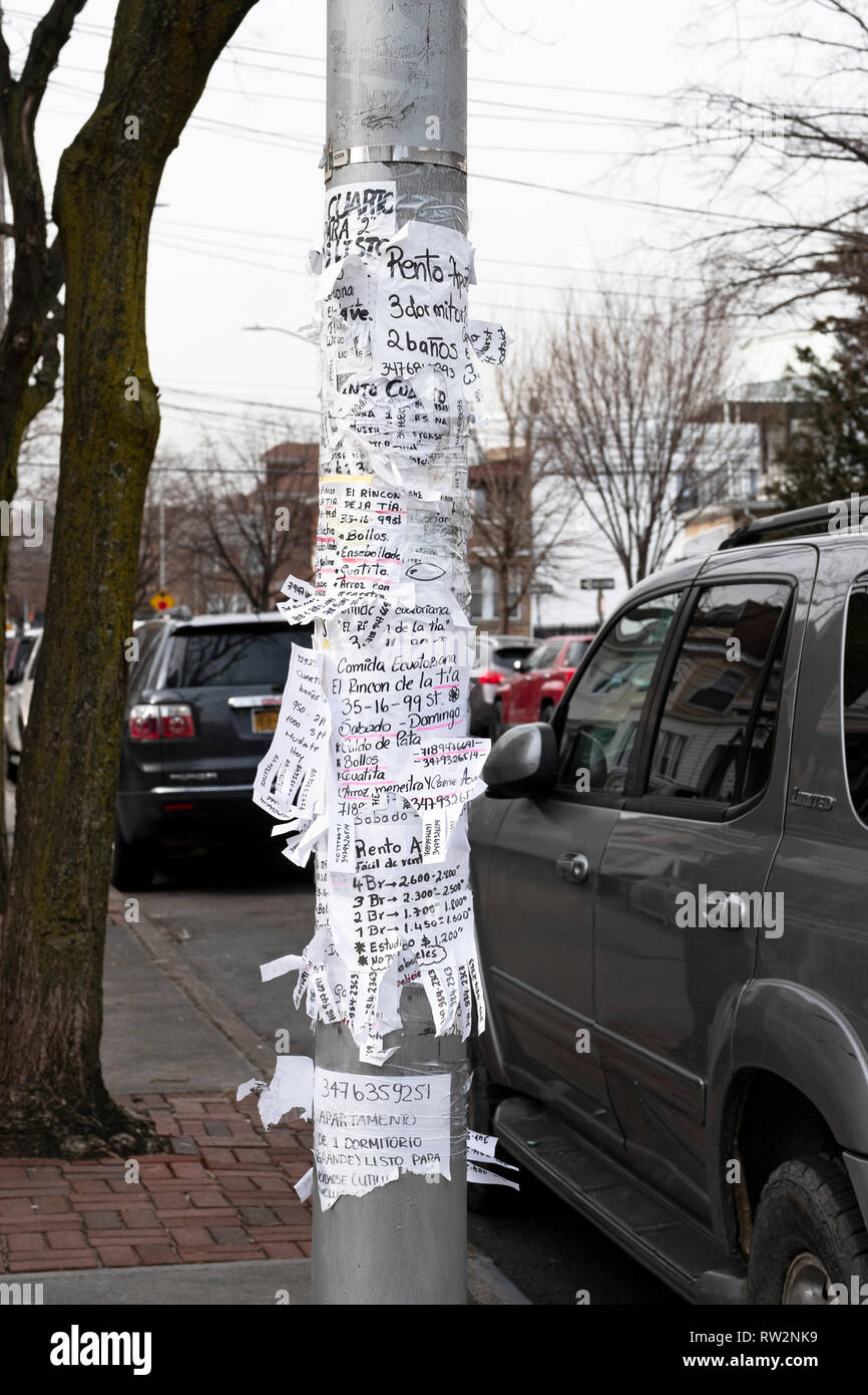 Several Spanish signs on  a lamp post advertising for apartments to rent. As seen in North Corona, Queens, New York City Stock Photo