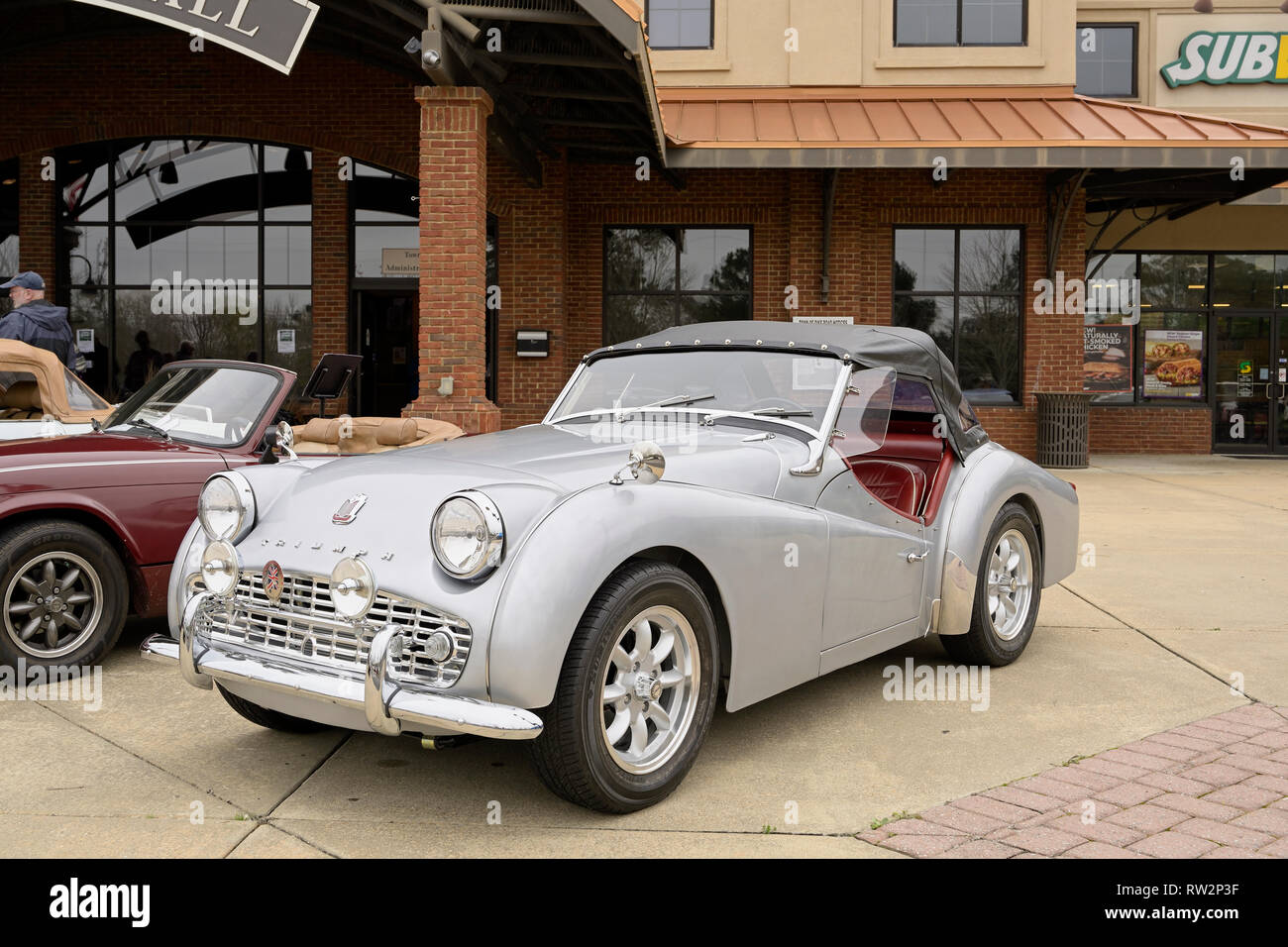 Vintage, classic or antique British sports car, Triumph TR3 soft top roadster on display at a classic car show in Pike Road Alabama, USA. Stock Photo