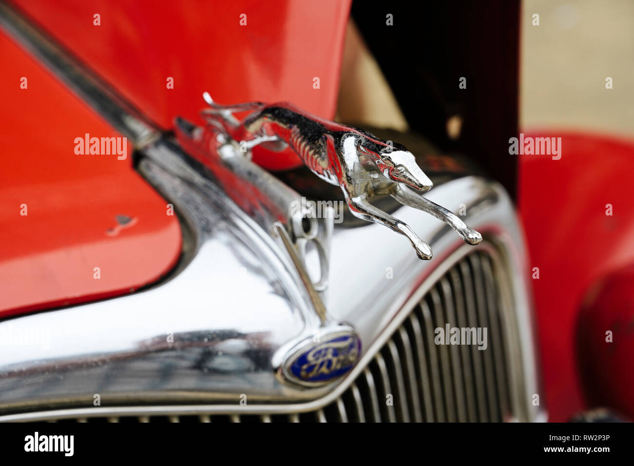 Vintage Ford Model 48 roadster greyhound hood ornament close up on the classic or antique two door car of the 1930s. Stock Photo