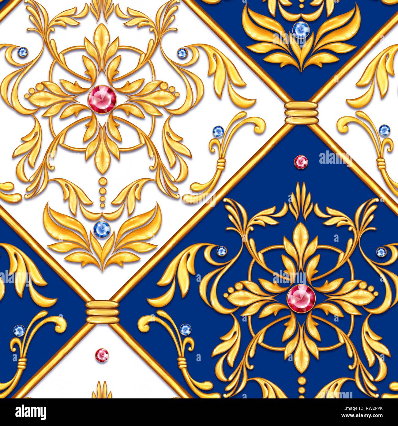 Seamless baroque pattern with decorative golden leaves and gems Stock