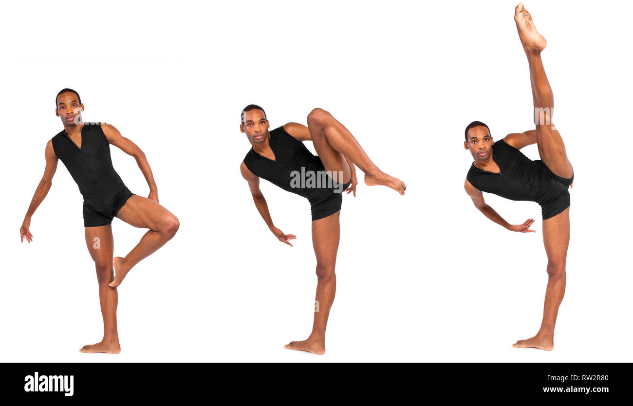 male ballet dancer warming up and showing flexibility on white