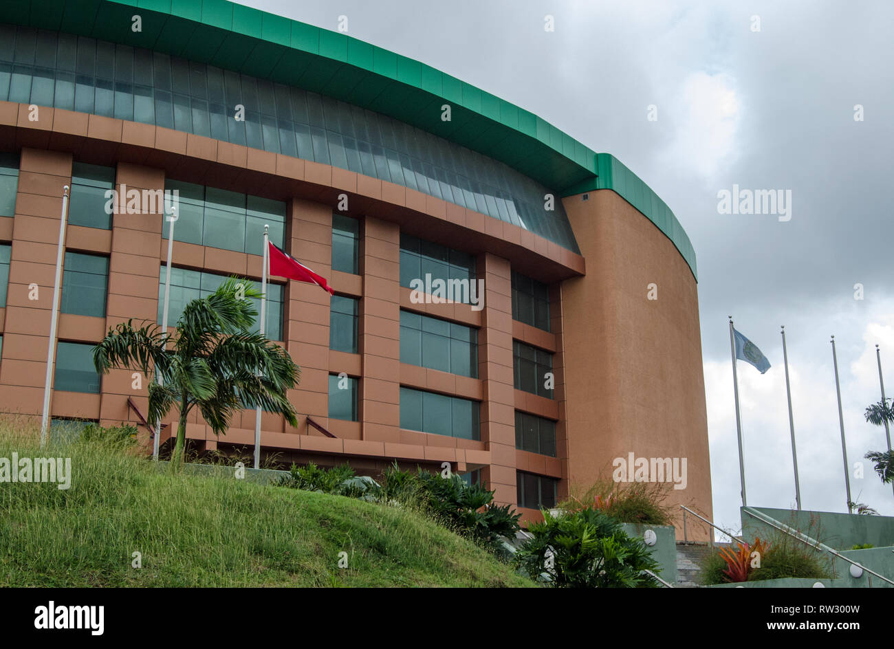 SCARBOROUGH, TRINIDAD AND TOBAGO - JANUARY 11, 2019: Facade of the imposing Shaw Park Cultural Complex in Scarborough, Tobago on a cloudy afternoon. T Stock Photo
