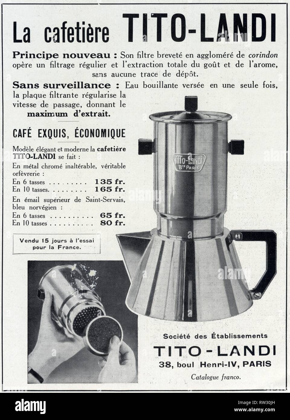 Publicité ancienne.1 mars 1930. La cafetière TITO-LANDI Stock Photo - Alamy