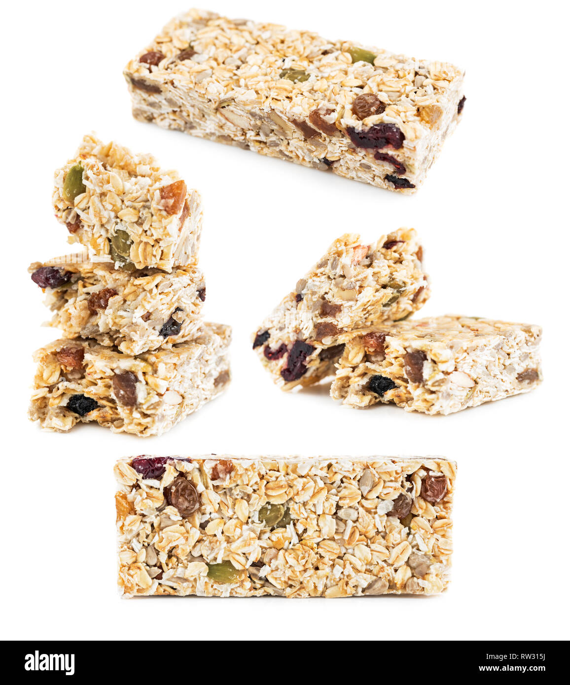 Oat Granola cereal bars isolated on white background Stock Photo