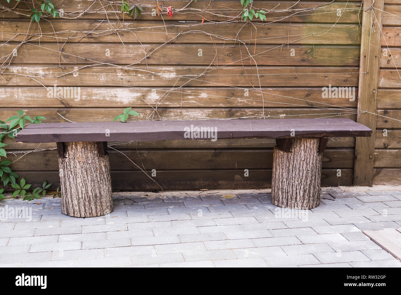 Exterior And Country House Natural Wooden Bench In The Backyard