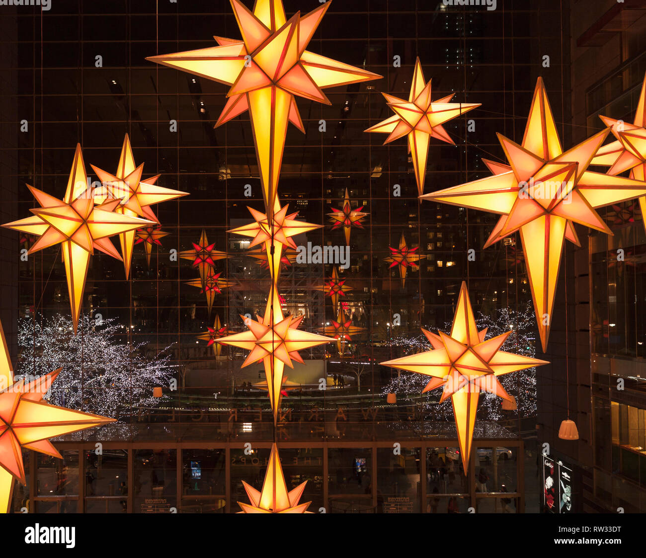 Christmas decoration inside the Time Warner Building at Columbus Circle in New York City, New York, USA Stock Photo