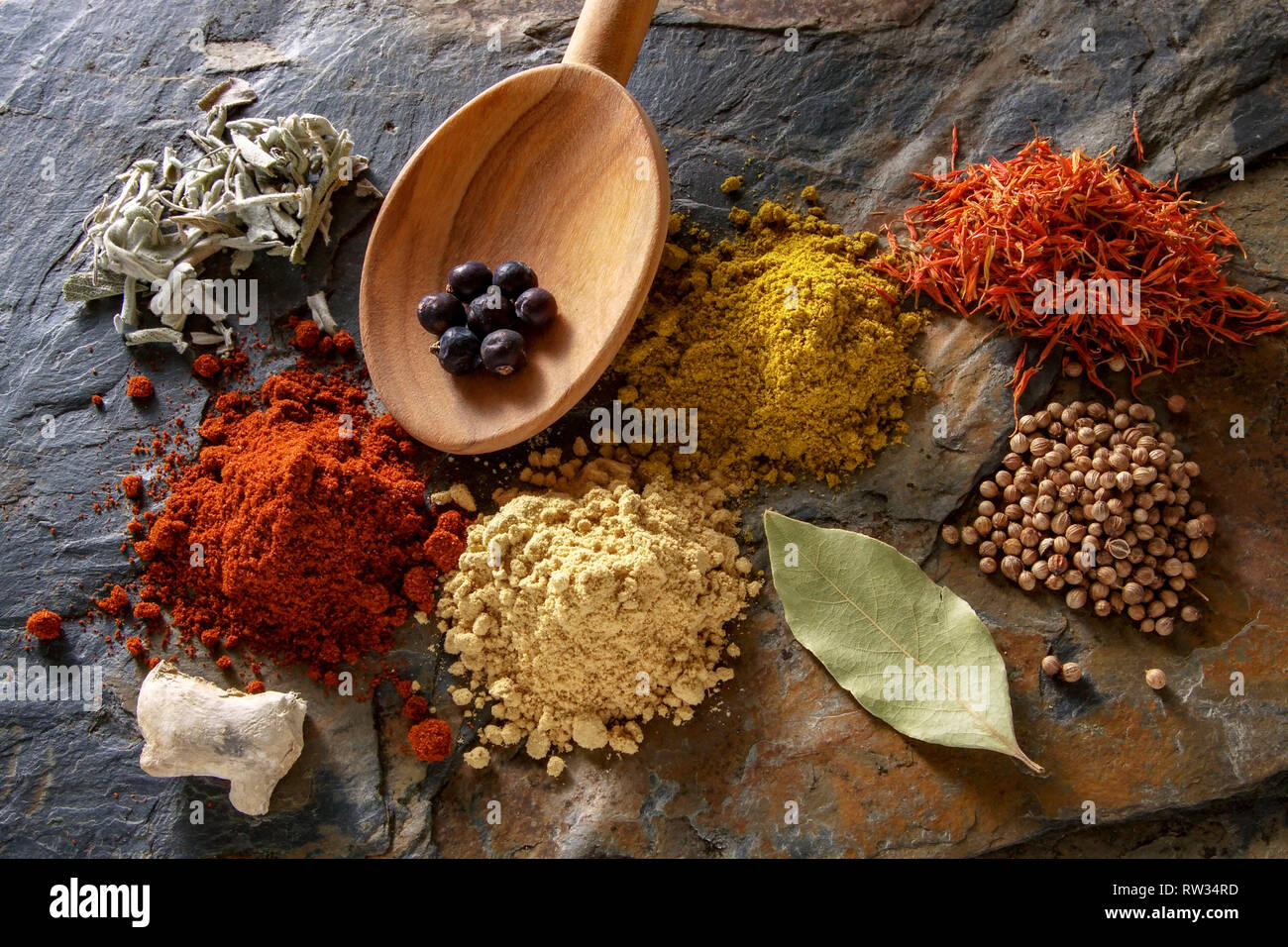 Sage, safflower, coriander, laurel, curry, cayenne pepper and ginger on