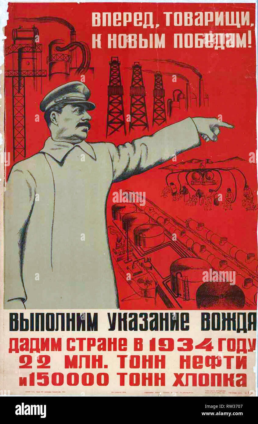 Azerbaijan 1934, Planned economy, Joseph Stalin poster, Soviet propaganda, 1934 Stock Photo