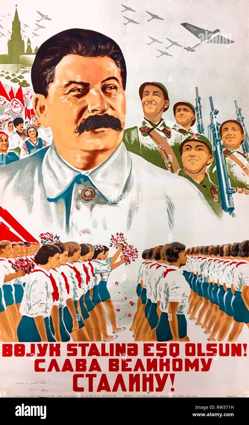 Stalin poster, Glory to the great Stalin!, 1938, Soviet propaganda Stock Photo