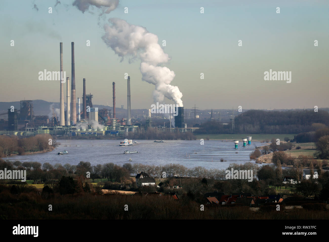 Duisburg, Ruhr area, North Rhine-Westphalia, Germany - ThyssenKrupp industrial landscape, panoramic view over the Rhine towards ThyssenKrupp Steel, he Stock Photo