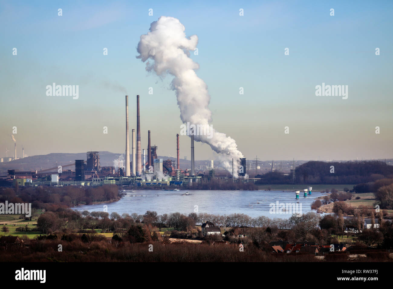 Duisburg, Ruhr area, North Rhine-Westphalia, Germany - ThyssenKrupp industrial landscape, panoramic view over the Rhine towards ThyssenKrupp Steel, he Stock Photo