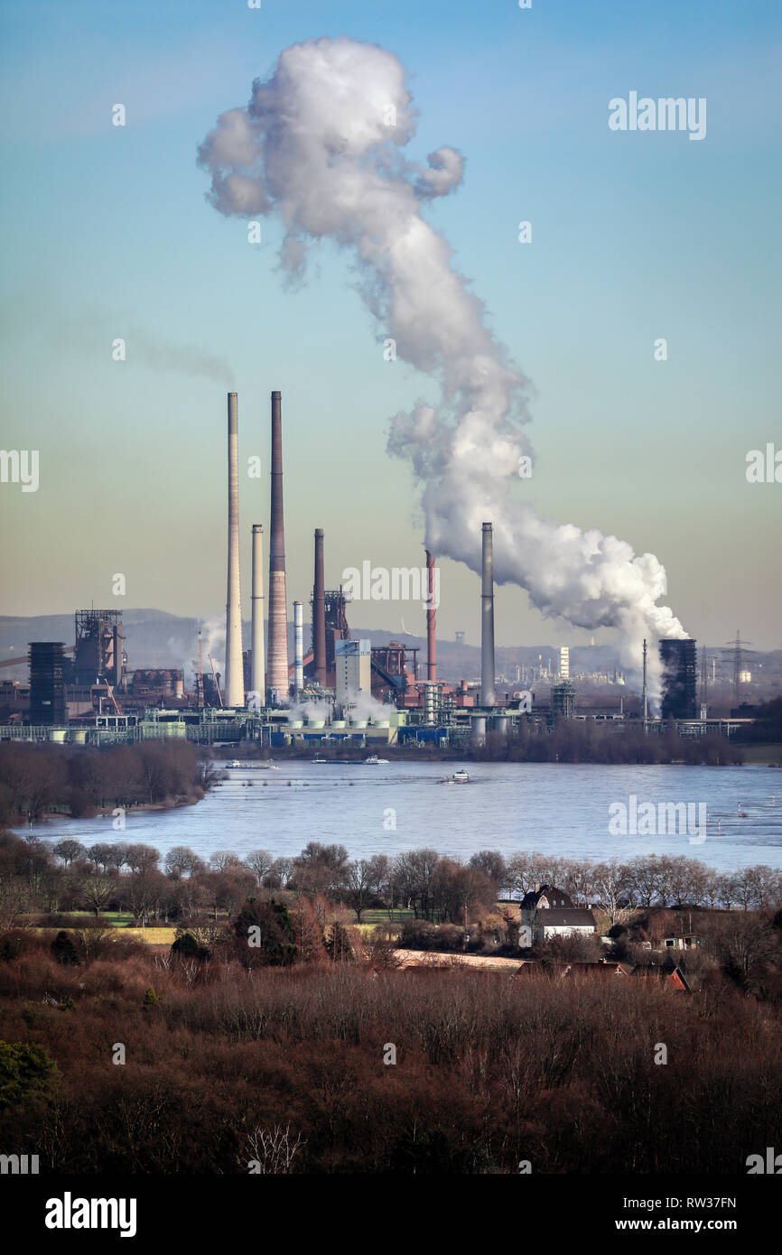 Duisburg, Ruhr area, North Rhine-Westphalia, Germany - ThyssenKrupp industrial landscape, panoramic view over the Rhine towards ThyssenKrupp Steel, he Stock Photo