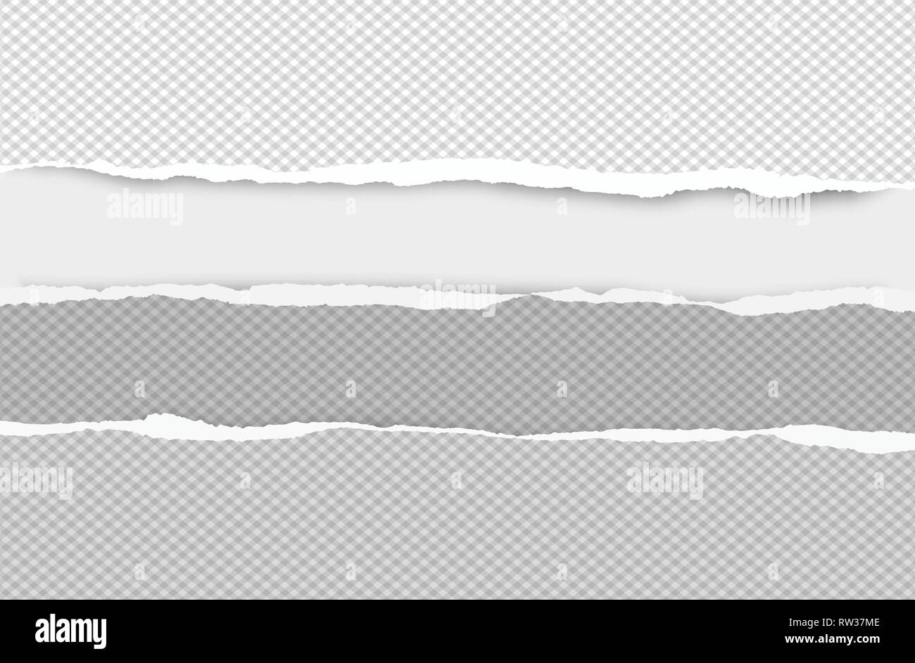 Set of torn squared grey horizontal paper are on white background with ...