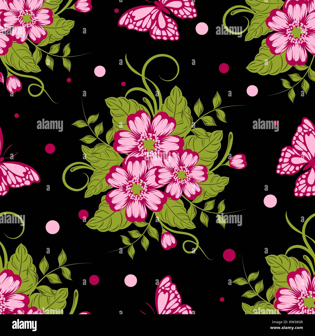 Seamless pattern with beautiful flowers and butterflies. Vector ...