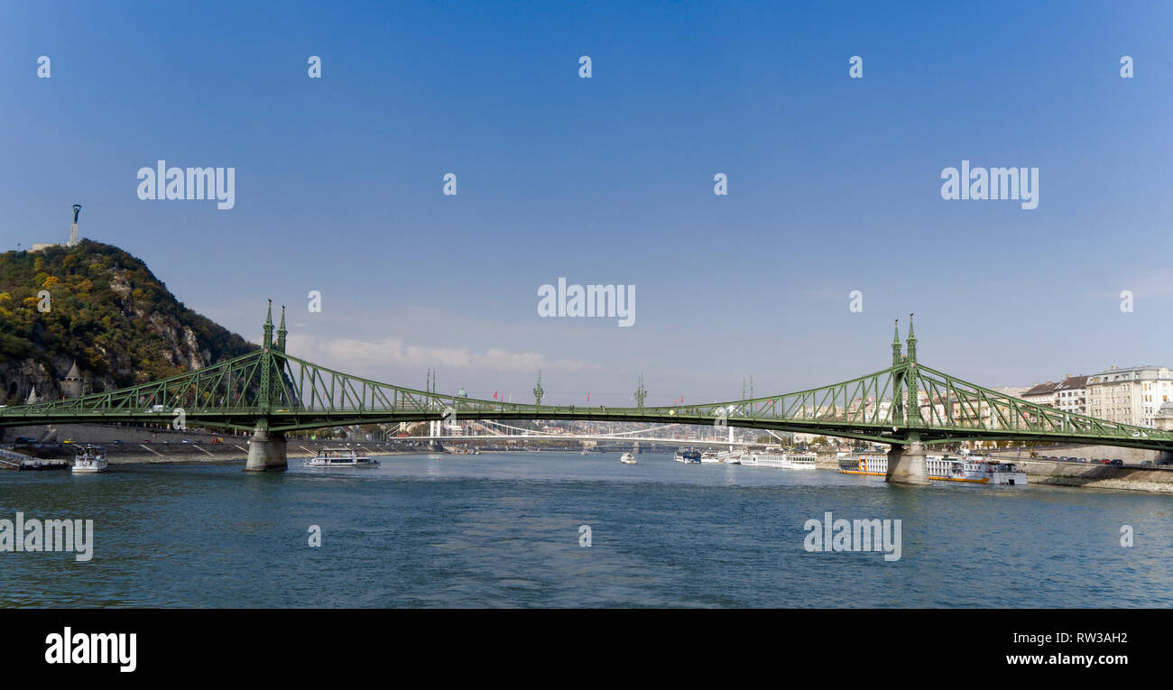 Budapest, capital city of Hungary. Liberty statue and chain bridge. Stock Photo