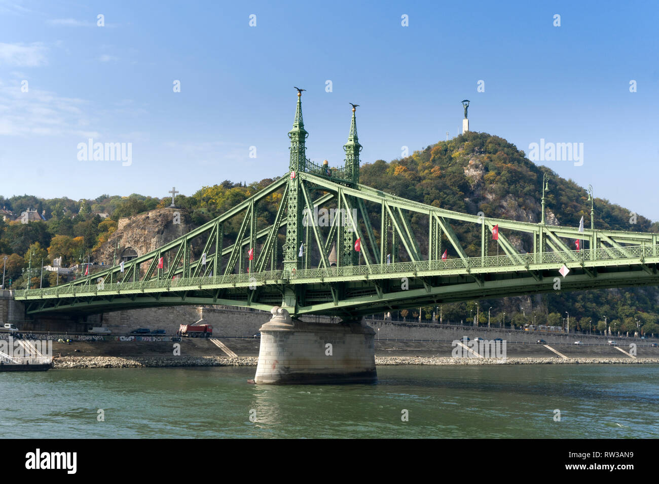 Budapest, capital city of Hungary. Liberty statue and chain bridge. Stock Photo