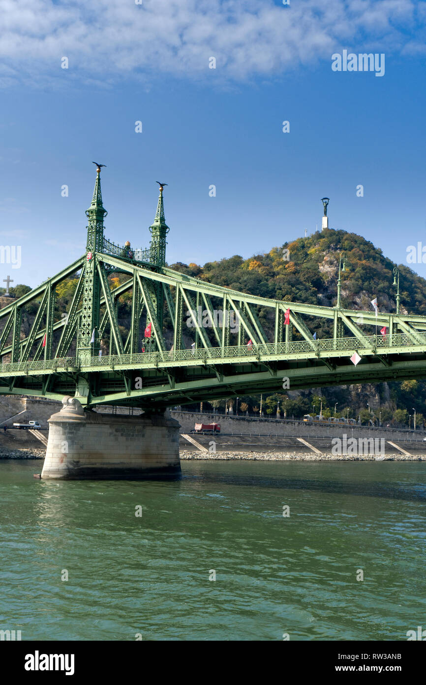 Budapest, capital city of Hungary. Liberty statue and chain bridge. Stock Photo