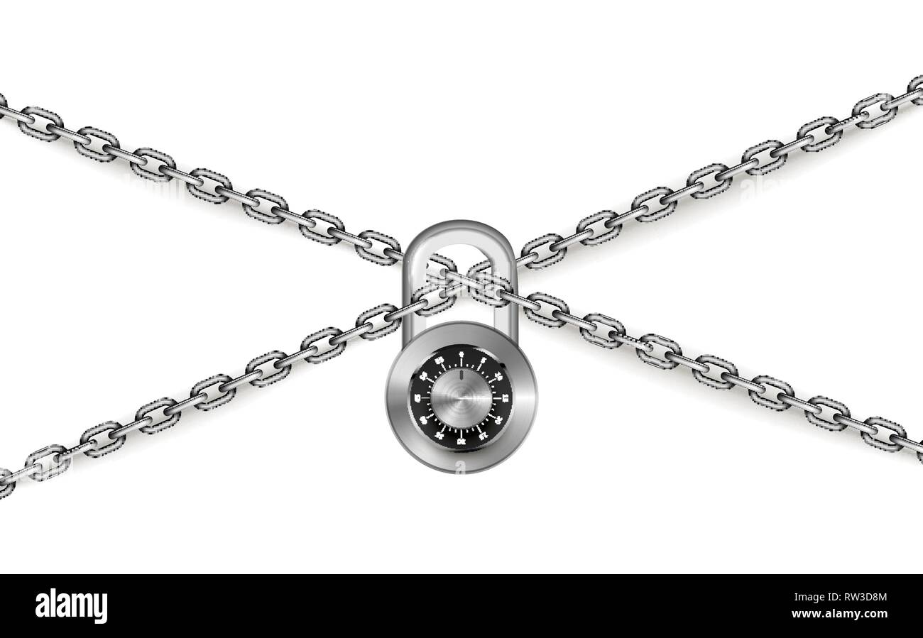 Glossy silver metal crossed chains with round code padlock on white ...
