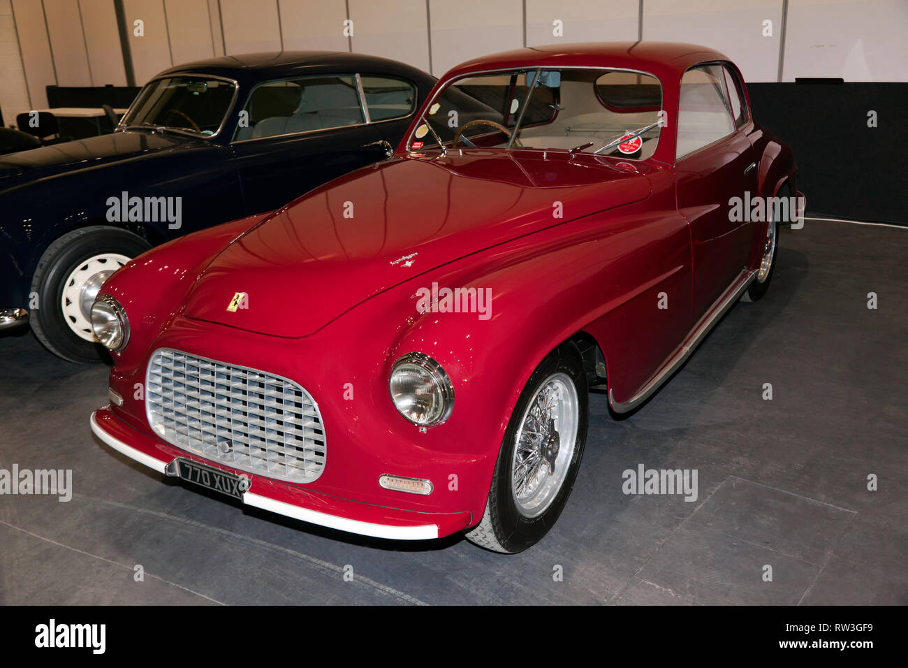 Three-quarter Front-View of a 1949, Ferrari 166 Inter Superleggera Coupe by Touring, on display at the 2019 London Classic Car Show Stock Photo