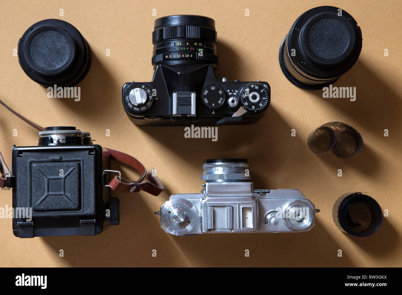 Set of the vintage cameras and equipment Stock Photo