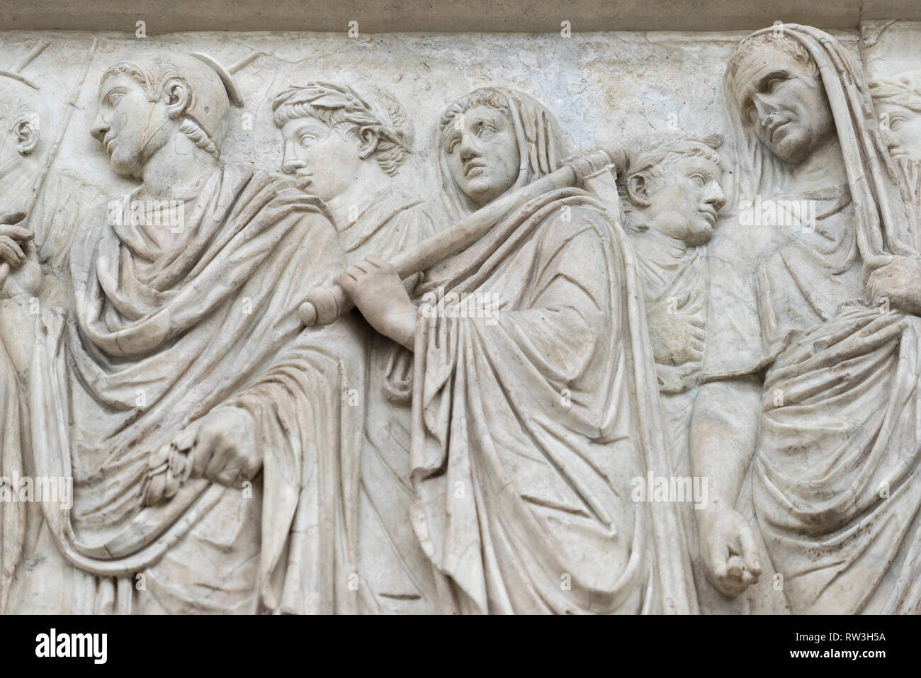 Rome. Italy. The Ara Pacis Augustae, 13-9 BCE, Ara Pacis Museum. Section of processional frieze on the south wall shows Agrippa with his head covered  Stock Photo
