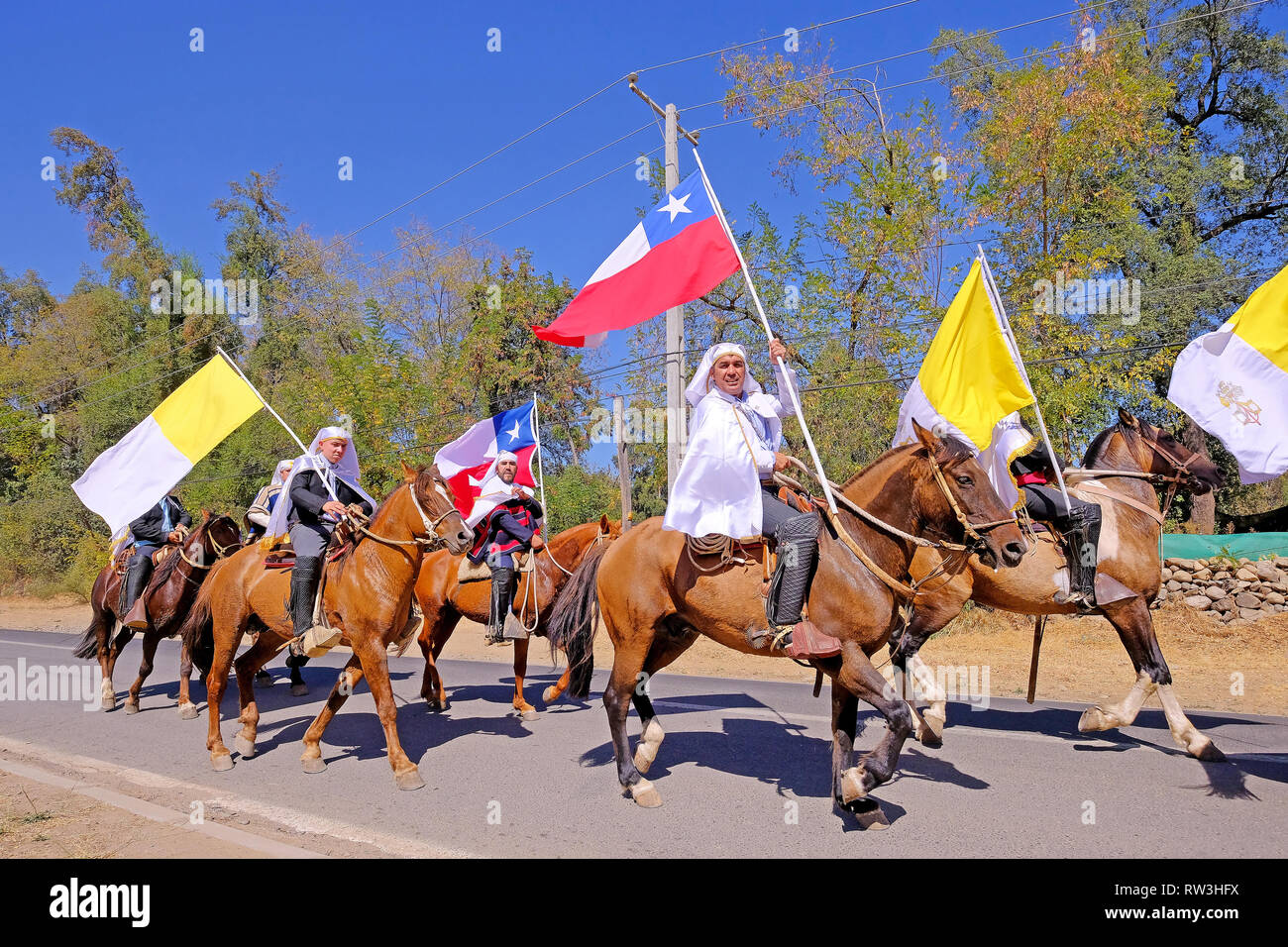 PIRQUE, SANTIAGO DE CHILE, APRIL 8, 2018: Riders at the Fiesta De Cuasimodo festival in Pirque, Chile on April 8, 2018 Stock Photo