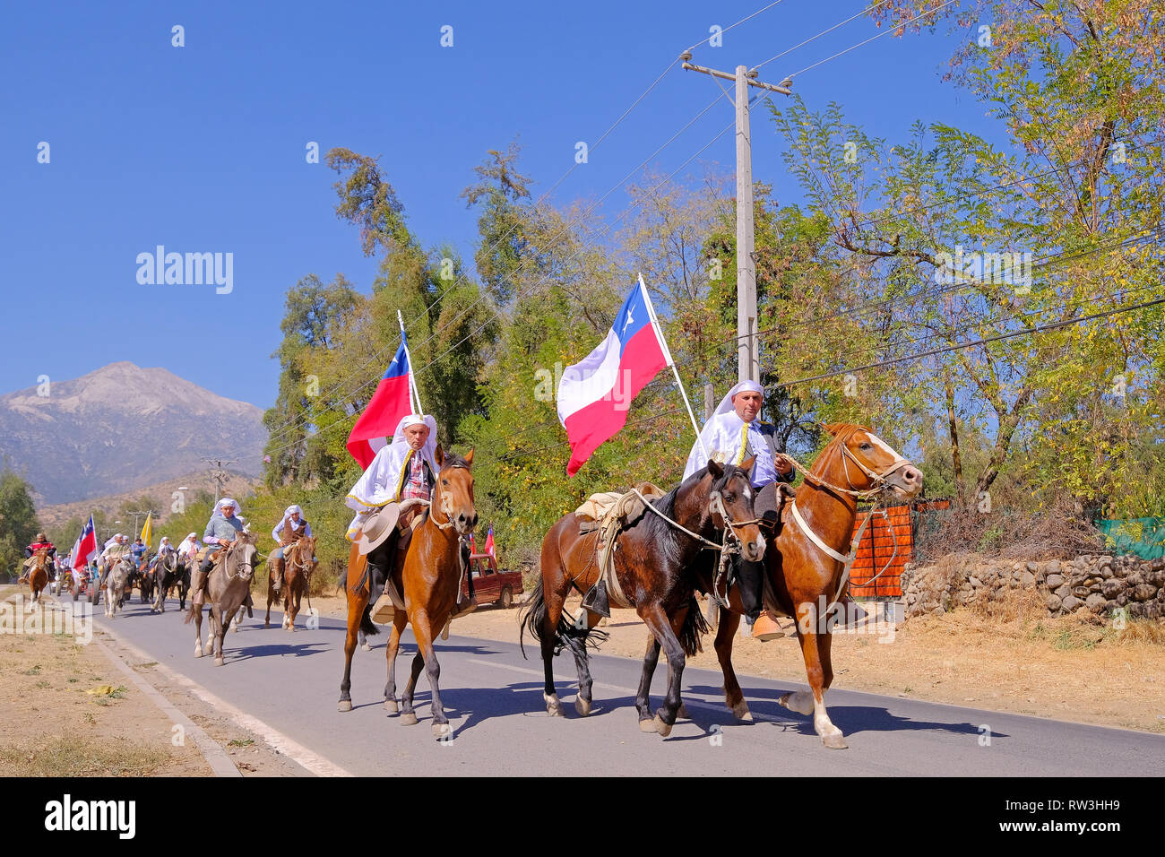 PIRQUE, SANTIAGO DE CHILE, APRIL 8, 2018: Riders at the Fiesta De Cuasimodo festival in Pirque, Chile on April 8, 2018 Stock Photo