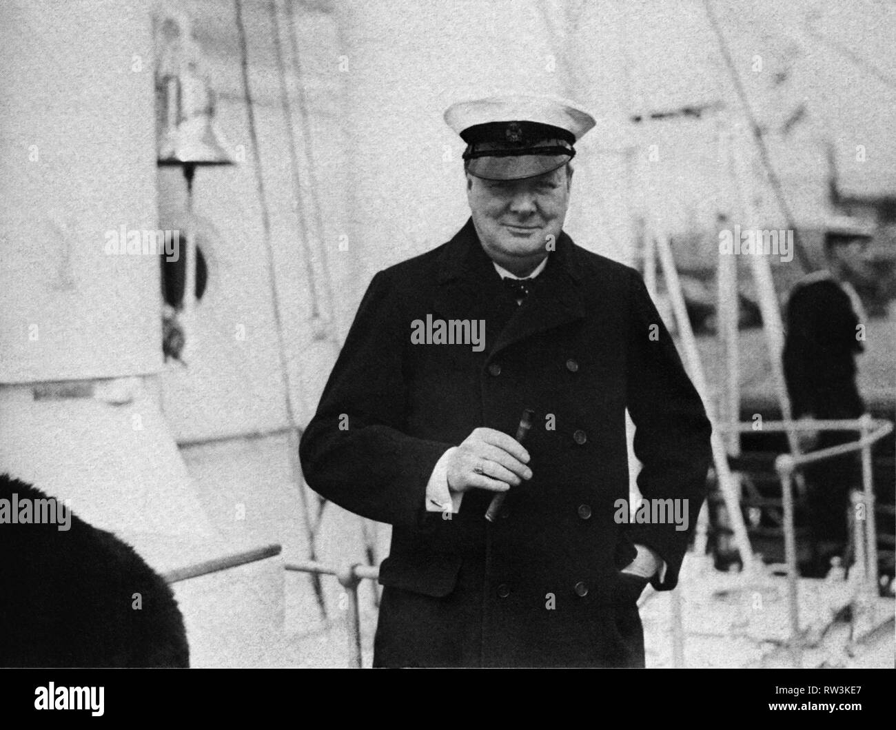 Winston Churchill on board the Admiralty Yacht, 'Enchantress' at Spithead for the 'reviewing of the Fleet'. May 1936 Stock Photo