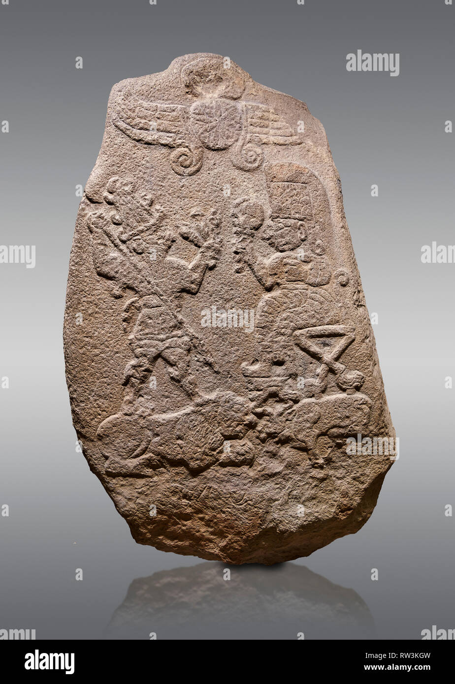 Aslantepe Hittite relief sculpted Stele. Limestone, Aslantepe, Malatya, 1200-700 B.C. Anatolian Civilisations Museum, Ankara, Turkey.  Under the winge Stock Photo